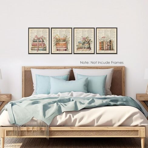 BESERH Retro Bookish Wall Decor, Vintage Book Wall Art Prints, Preppy Bow Floral Dictionary Book Posters for Reading Room Corner Nook Library Classroom, 8x10 Inches Set of 4 Unframed in Saudi Arabia