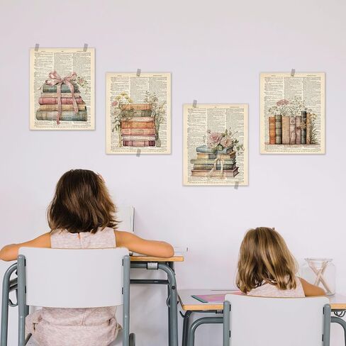 BESERH Retro Bookish Wall Decor, Vintage Book Wall Art Prints, Preppy Bow Floral Dictionary Book Posters for Reading Room Corner Nook Library Classroom, 8x10 Inches Set of 4 Unframed in Saudi Arabia