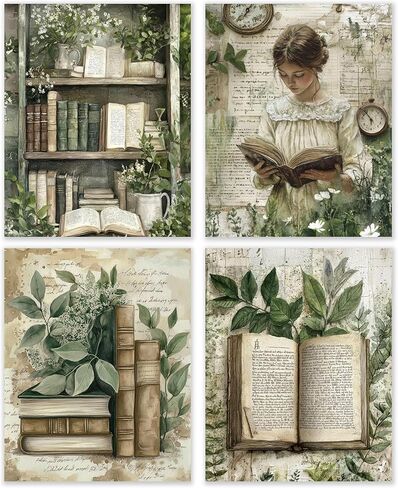 BESERH Retro Bookish Wall Decor, Vintage Book Wall Art Prints, Preppy Bow Floral Dictionary Book Posters for Reading Room Corner Nook Library Classroom, 8x10 Inches Set of 4 Unframed in Saudi Arabia