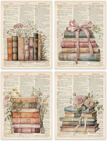 BESERH Retro Bookish Wall Decor, Vintage Book Wall Art Prints, Preppy Bow Floral Dictionary Book Posters for Reading Room Corner Nook Library Classroom, 8x10 Inches Set of 4 Unframed in Saudi Arabia