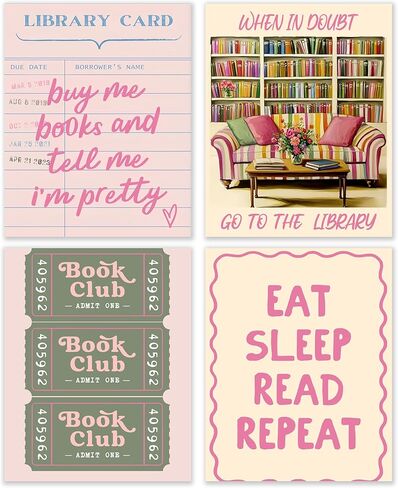 BESERH Retro Bookish Wall Decor, Vintage Book Wall Art Prints, Preppy Bow Floral Dictionary Book Posters for Reading Room Corner Nook Library Classroom, 8x10 Inches Set of 4 Unframed in Saudi Arabia