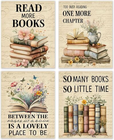 BESERH Retro Bookish Wall Decor, Vintage Book Wall Art Prints, Preppy Bow Floral Dictionary Book Posters for Reading Room Corner Nook Library Classroom, 8x10 Inches Set of 4 Unframed in Saudi Arabia
