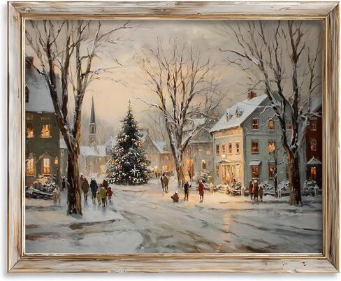 Christmas Winter Village Print, Snowy Holiday Art, Vintage Christmas Tree Wall Decor, Rustic Winter Landscape Painting, Cozy Festive Home Decoration, Holiday Wall Art Print (11X14inch-Unframed) in Saudi Arabia