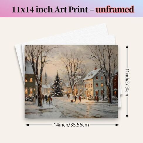 Christmas Winter Village Print, Snowy Holiday Art, Vintage Christmas Tree Wall Decor, Rustic Winter Landscape Painting, Cozy Festive Home Decoration, Holiday Wall Art Print (11X14inch-Unframed) in Saudi Arabia