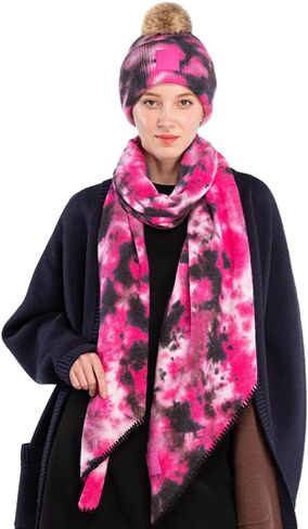 C.C Tie Dye Multi Color Knit Pom Beanie with Faux Fur Pom and Matching Scarf Set, Winter Accessories for Women in Saudi Arabia