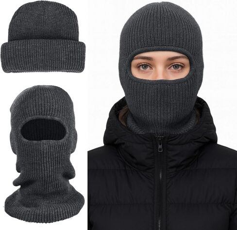 2 in 1 Balaclava Ski Mask Beanie, Winter Warm Knit Hat for Men Women, Foldable Polyester Trendy Beanie, Full Face Cover for Skiing, Cycling, Hiking, Cold Weather Outdoor Headwear Grey in Saudi Arabia