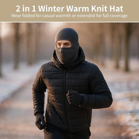 2 in 1 Balaclava Ski Mask Beanie, Winter Warm Knit Hat for Men Women, Foldable Polyester Trendy Beanie, Full Face Cover for Skiing, Cycling, Hiking, Cold Weather Outdoor Headwear Grey in Saudi Arabia