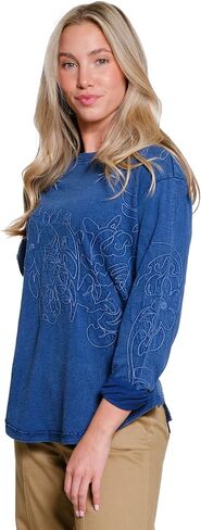 TRU LUXE Embroidered Slub Jersey Top, Blue, M in Saudi Arabia