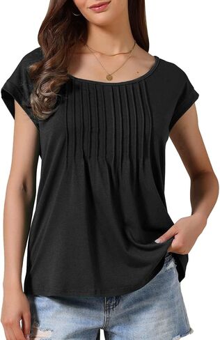 Allegra K Cap Sleeeve Pleated Tops for Women's Round Neck Flowy Summer Casual Blouse in Saudi Arabia