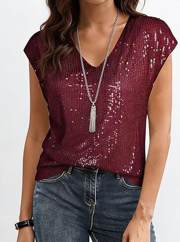 Women's V-Neck Glitter Raglan Tee - Slim Fit Long Sleeve Bling Top in Saudi Arabia