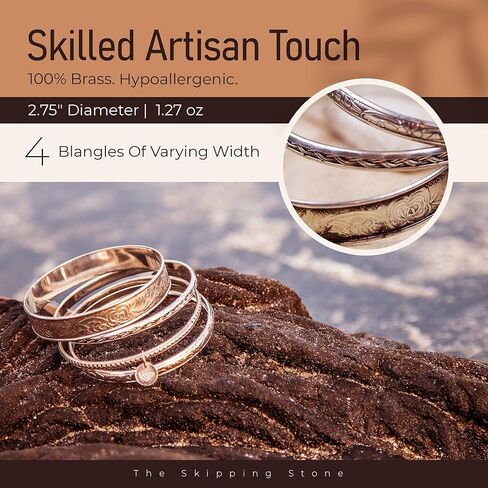 مجموعة أساور Alia Bangle من The Skipping Stone - مجموعة من 4 أساور نحاسية مصنوعة يدويًا مع طلاء فضي - أساور متينة وخفيفة الوزن للنساء - مجوهرات نحاسية ذات غرض - هدية مثالية لها in Saudi Arabia