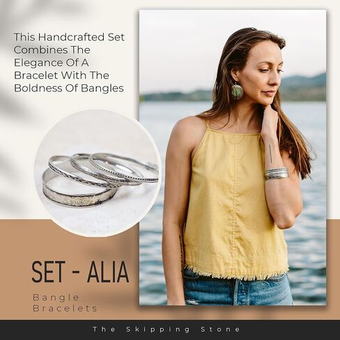 مجموعة أساور Alia Bangle من The Skipping Stone - مجموعة من 4 أساور نحاسية مصنوعة يدويًا مع طلاء فضي - أساور متينة وخفيفة الوزن للنساء - مجوهرات نحاسية ذات غرض - هدية مثالية لها in Saudi Arabia