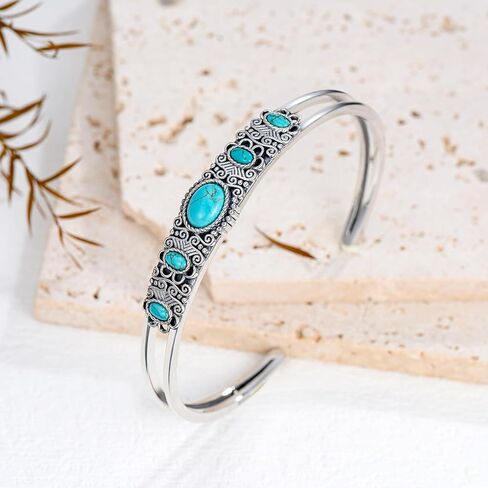 BETHZA Genuine Turquoise Bracelet Bangle 925 Sterling Silver Turquoise Gemstones Boho Vintage Southwest Style Bracelet for Women Adjustable Bangle Cuff Jewelry for Birthday in Saudi Arabia