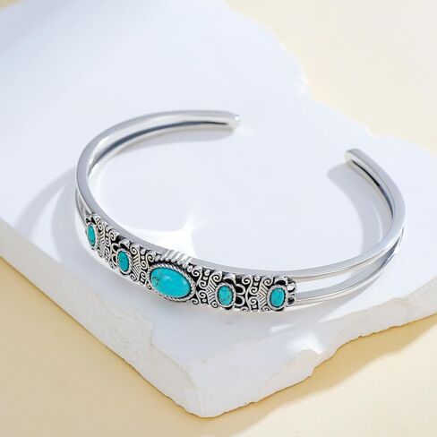 BETHZA Genuine Turquoise Bracelet Bangle 925 Sterling Silver Turquoise Gemstones Boho Vintage Southwest Style Bracelet for Women Adjustable Bangle Cuff Jewelry for Birthday in Saudi Arabia