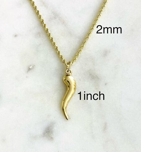 ALELSA JEWELRY 10K Real Yellow Gold Italian Horn Cornicello Pendant Necklace with 2mm Rope Chain, 1.0 inches Horn, Lucky Charm Design in Saudi Arabia