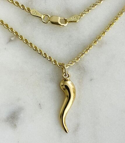 ALELSA JEWELRY 10K Real Yellow Gold Italian Horn Cornicello Pendant Necklace with 2mm Rope Chain, 1.0 inches Horn, Lucky Charm Design in Saudi Arabia