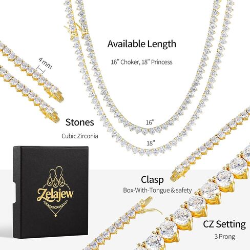 4mm Tennis Necklace for Women, Iced Out Simulated Diamond 14K Gold Plated Tennis Chain, 3 Prong Cubic Zirconia Elegant Necklace for Her Valentine Gifts in Saudi Arabia