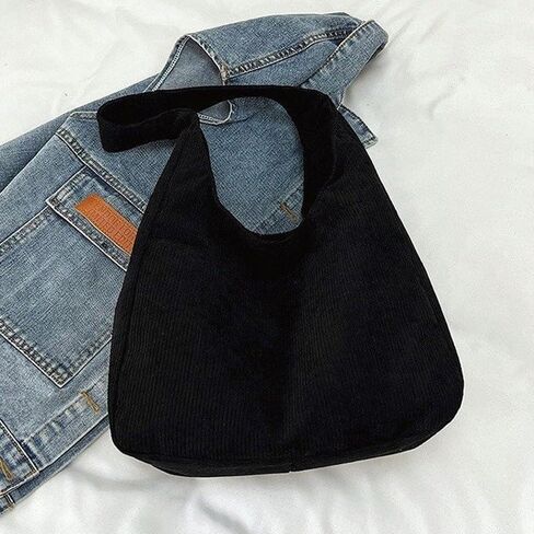 Fashion Corduroy Tote Bag, Casual Solid Color Handbag, Women's Large Shoulder Bag For Work and Everyday Use, Black in Saudi Arabia