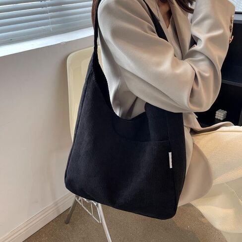 Fashion Corduroy Tote Bag, Casual Solid Color Handbag, Women's Large Shoulder Bag For Work and Everyday Use, Black in Saudi Arabia