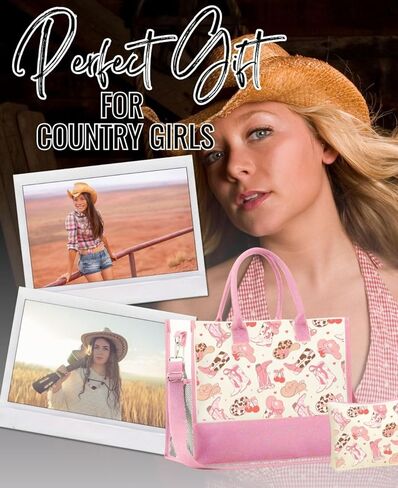 حقيبة حمل من القماش للنساء من InnoBeta Country Girl، حقيبة هدايا للفتيات الريفيات مع إغلاق بسحاب علوي وحزام كتف لأعياد الميلاد وعيد الأم والكريسماس - وردي in Saudi Arabia
