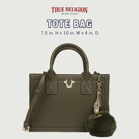 True Religion Pom Dangle Modern Tote, Structured Shoulder Bag with Removable Pom Charm, Spacious Interior in Saudi Arabia