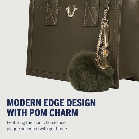 True Religion Pom Dangle Modern Tote, Structured Shoulder Bag with Removable Pom Charm, Spacious Interior in Saudi Arabia