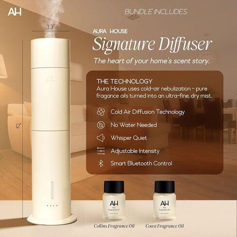 موزع روائح الهواء البارد الذكي وزيت عطري ثنائي من أورا هاوس - موزع روائح عطرية يتم التحكم فيه بواسطة تطبيق بلوتوث للمنزل (زيوت كولينز آند كوست 30 مل) - روائح مستوحاة من الفنادق، أجواء سهلة in Kuwait