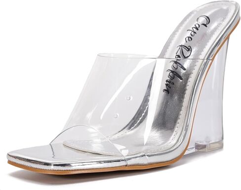 Slip On Clear Wedge Heels for Women - Square Toe Comfortable Lightweight Dressy Shoes, Summer Casual Outfits (MALA) in Saudi Arabia