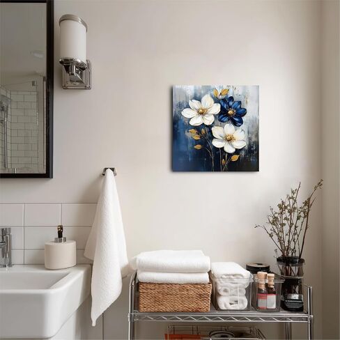 FOEIX Bathroom Wall Art Pictures Wall Décor Flowers Canvas Framed Abstract Artwork White Blue Floral Rustic Painting for Bedroom Living Room Kitchen Dinging Room Office (13.5x13.5 inches) in Saudi Arabia