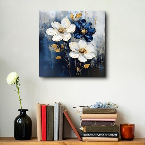 FOEIX Bathroom Wall Art Pictures Wall Décor Flowers Canvas Framed Abstract Artwork White Blue Floral Rustic Painting for Bedroom Living Room Kitchen Dinging Room Office (13.5x13.5 inches) in Saudi Arabia