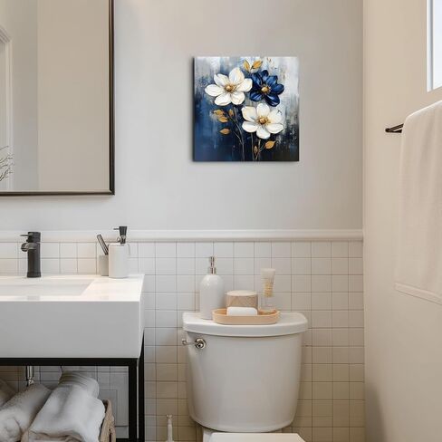 FOEIX Bathroom Wall Art Pictures Wall Décor Flowers Canvas Framed Abstract Artwork White Blue Floral Rustic Painting for Bedroom Living Room Kitchen Dinging Room Office (13.5x13.5 inches) in Saudi Arabia