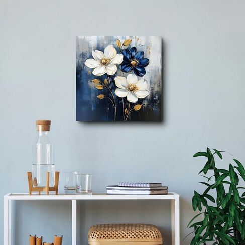 FOEIX Bathroom Wall Art Pictures Wall Décor Flowers Canvas Framed Abstract Artwork White Blue Floral Rustic Painting for Bedroom Living Room Kitchen Dinging Room Office (13.5x13.5 inches) in Saudi Arabia