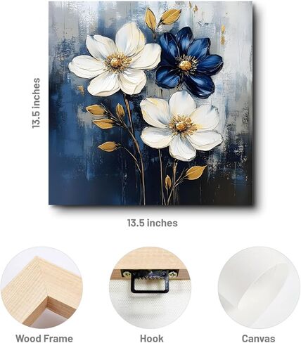 FOEIX Bathroom Wall Art Pictures Wall Décor Flowers Canvas Framed Abstract Artwork White Blue Floral Rustic Painting for Bedroom Living Room Kitchen Dinging Room Office (13.5x13.5 inches) in Saudi Arabia