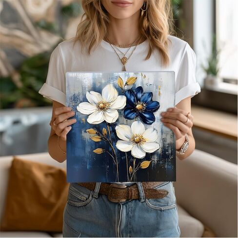 FOEIX Bathroom Wall Art Pictures Wall Décor Flowers Canvas Framed Abstract Artwork White Blue Floral Rustic Painting for Bedroom Living Room Kitchen Dinging Room Office (13.5x13.5 inches) in Saudi Arabia