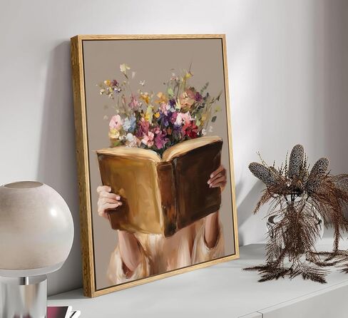 Framed Vintage Reading Woman Wall Art Floral Book Painting Picture Canvas Wall Decor Reading Aesthetic Poster Print Artwork for Library Living Room Dorm Bedroom Home Decoration in Saudi Arabia