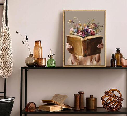 Framed Vintage Reading Woman Wall Art Floral Book Painting Picture Canvas Wall Decor Reading Aesthetic Poster Print Artwork for Library Living Room Dorm Bedroom Home Decoration in Saudi Arabia