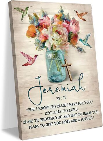 Framed Jeremiah 29:11 Bible Verse Wall Art Christian Floral Poster with Hummingbirds and Cross Scripture Canvas Painting Prints Faith Religious Picture Décor for Bedroom Living Room 12x16Inches in Saudi Arabia