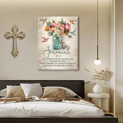 Framed Jeremiah 29:11 Bible Verse Wall Art Christian Floral Poster with Hummingbirds and Cross Scripture Canvas Painting Prints Faith Religious Picture Décor for Bedroom Living Room 12x16Inches in Saudi Arabia