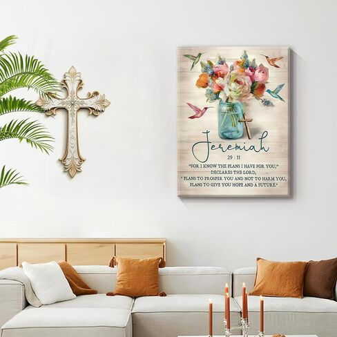 Framed Jeremiah 29:11 Bible Verse Wall Art Christian Floral Poster with Hummingbirds and Cross Scripture Canvas Painting Prints Faith Religious Picture Décor for Bedroom Living Room 12x16Inches in Saudi Arabia