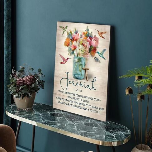 Framed Jeremiah 29:11 Bible Verse Wall Art Christian Floral Poster with Hummingbirds and Cross Scripture Canvas Painting Prints Faith Religious Picture Décor for Bedroom Living Room 12x16Inches in Saudi Arabia