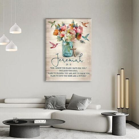 Framed Jeremiah 29:11 Bible Verse Wall Art Christian Floral Poster with Hummingbirds and Cross Scripture Canvas Painting Prints Faith Religious Picture Décor for Bedroom Living Room 12x16Inches in Saudi Arabia