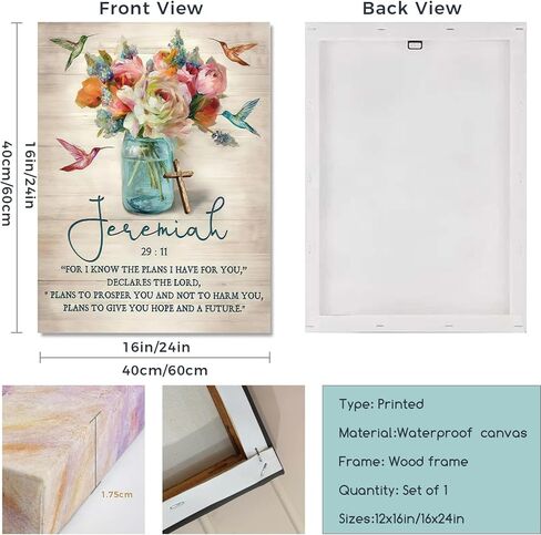 Framed Jeremiah 29:11 Bible Verse Wall Art Christian Floral Poster with Hummingbirds and Cross Scripture Canvas Painting Prints Faith Religious Picture Décor for Bedroom Living Room 12x16Inches in Saudi Arabia