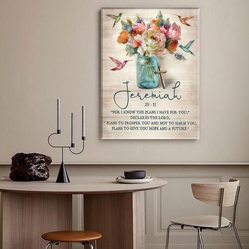 Framed Jeremiah 29:11 Bible Verse Wall Art Christian Floral Poster with Hummingbirds and Cross Scripture Canvas Painting Prints Faith Religious Picture Décor for Bedroom Living Room 12x16Inches in Saudi Arabia