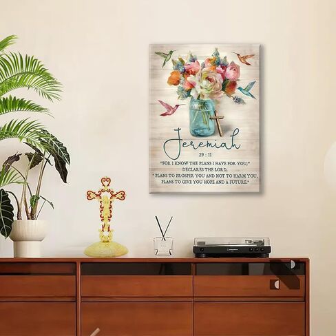 Framed Jeremiah 29:11 Bible Verse Wall Art Christian Floral Poster with Hummingbirds and Cross Scripture Canvas Painting Prints Faith Religious Picture Décor for Bedroom Living Room 12x16Inches in Saudi Arabia