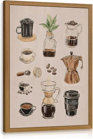 CAZLOUC Retro Coffee Wall Art, Illustration Espresso Tea Brewing Wall Decor, Vintage Abstract Cafe Poster Print, Minimalist Farmhouse Canvas Artwork for Kitchen Living Room Wood Framed 12x16 Inch in Saudi Arabia