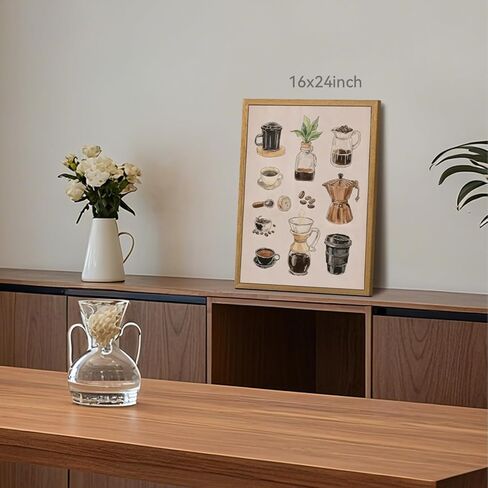 CAZLOUC Retro Coffee Wall Art, Illustration Espresso Tea Brewing Wall Decor, Vintage Abstract Cafe Poster Print, Minimalist Farmhouse Canvas Artwork for Kitchen Living Room Wood Framed 12x16 Inch in Saudi Arabia
