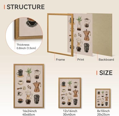 CAZLOUC Retro Coffee Wall Art, Illustration Espresso Tea Brewing Wall Decor, Vintage Abstract Cafe Poster Print, Minimalist Farmhouse Canvas Artwork for Kitchen Living Room Wood Framed 12x16 Inch in Saudi Arabia