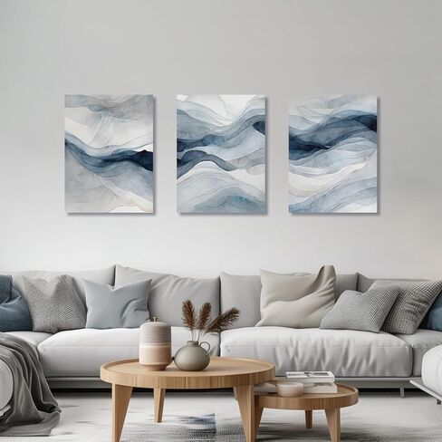 IAFWZX Framed Blue Gray Abstract Wall Art, Modern Minimalist Waves Wall Decor, Neutral Watercolor Line Canvas Paintings, Navy Blue Watercolor Poster Prints for Bedroom Living Room Office 12"x16"x3 in Saudi Arabia