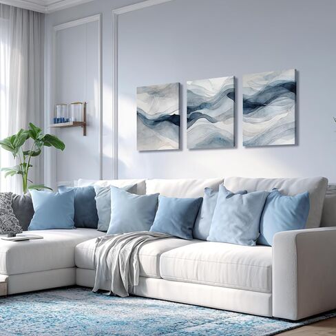 IAFWZX Framed Blue Gray Abstract Wall Art, Modern Minimalist Waves Wall Decor, Neutral Watercolor Line Canvas Paintings, Navy Blue Watercolor Poster Prints for Bedroom Living Room Office 12"x16"x3 in Saudi Arabia