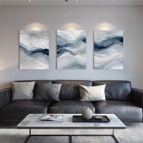 IAFWZX Framed Blue Gray Abstract Wall Art, Modern Minimalist Waves Wall Decor, Neutral Watercolor Line Canvas Paintings, Navy Blue Watercolor Poster Prints for Bedroom Living Room Office 12"x16"x3 in Saudi Arabia